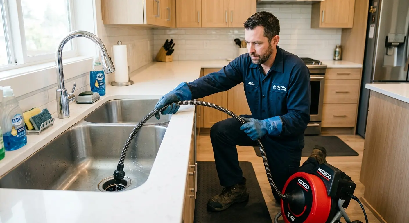 Drain cleaning technician using a motorized snake on a kitchen sink in Hillsdale