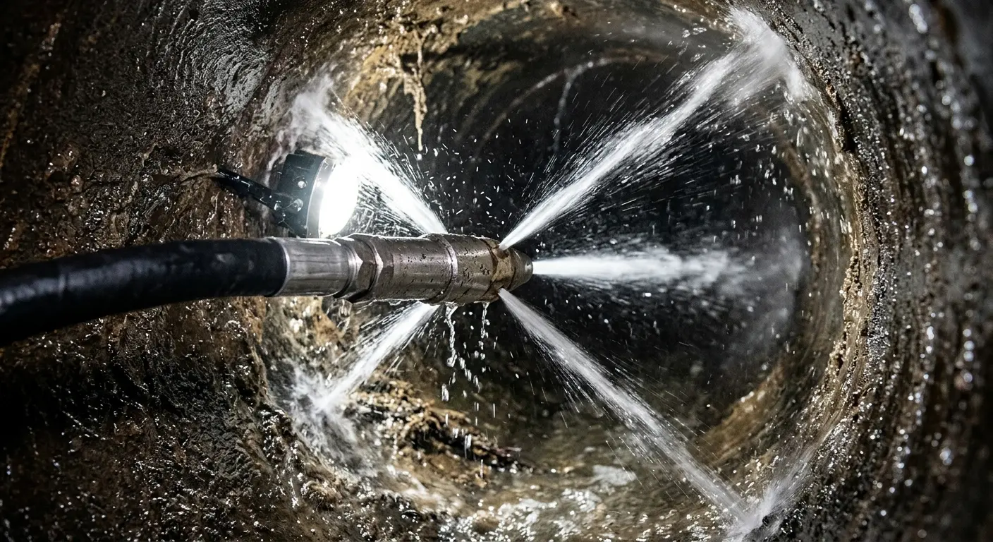 High-pressure hydro jetting nozzle cleaning sewer pipe for Emergency Drain Service in Hillsdale