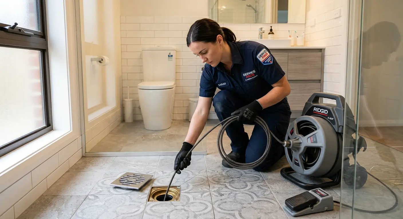 Technician clearing a bathroom floor drain for Drain Repair in Hillsdale